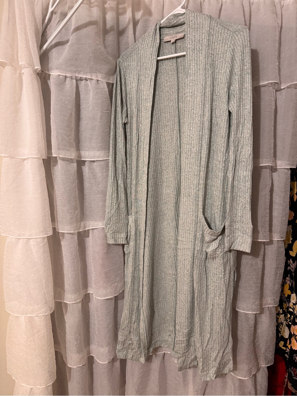 LOFT Light Sage Ribbed Open Front Long Cardigan